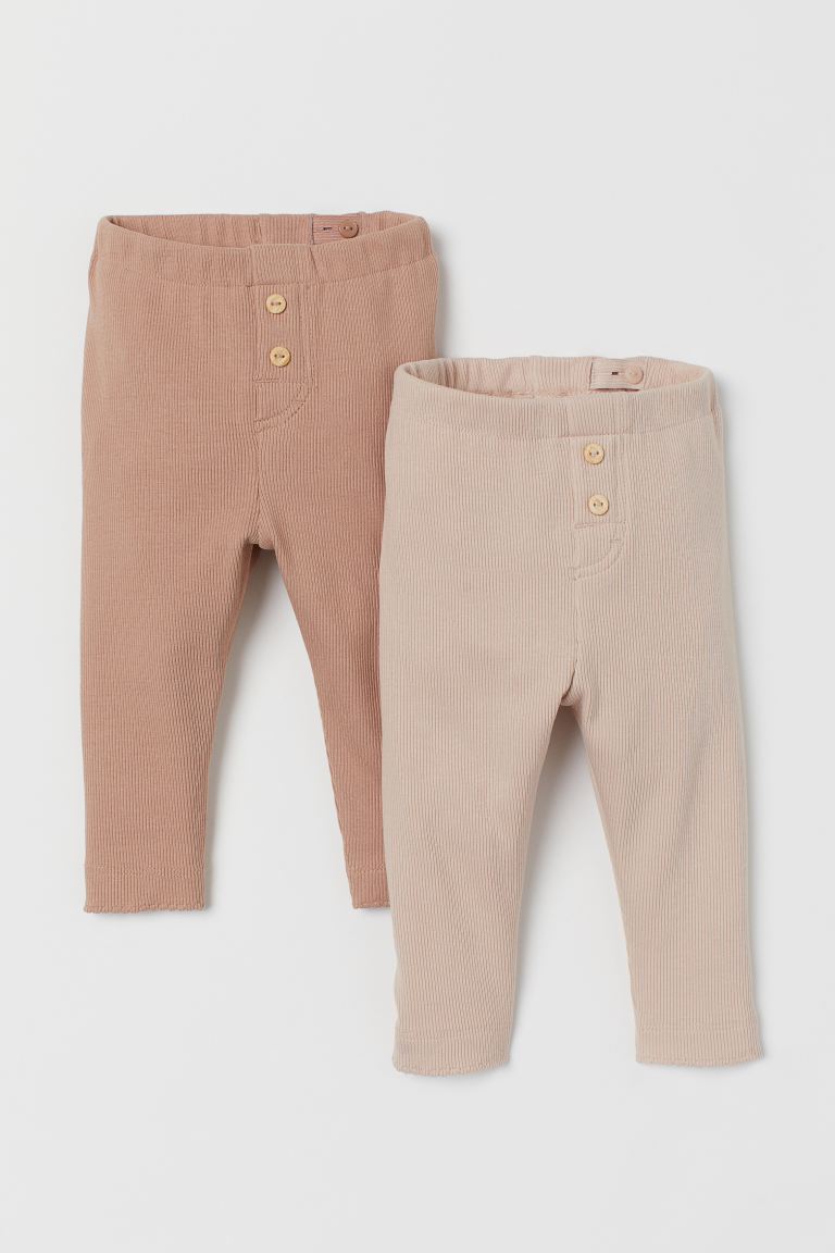 H&M BABY // 2-pack ribbed leggings – Powder beige/Powder pink
